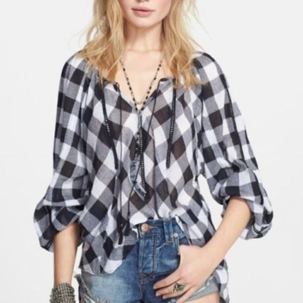 Free People Buffalo Check Blouse size Small in Black/White